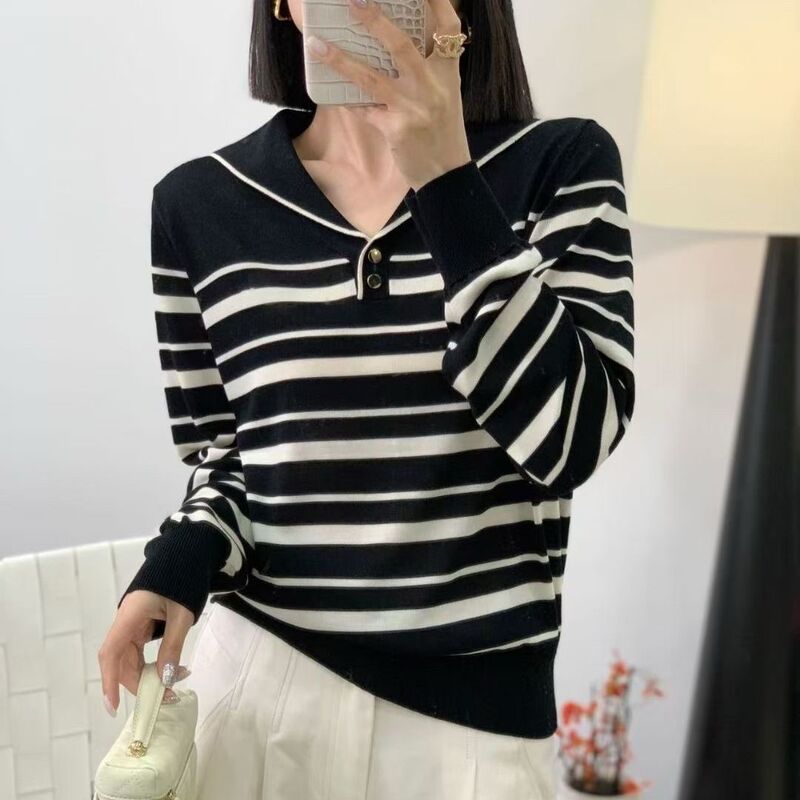 Striped Navy Collar Long-Sleeved T-Shirt 2025 Spring New Lapel Tencel Pullover Knitwear Retro Stripesd Top