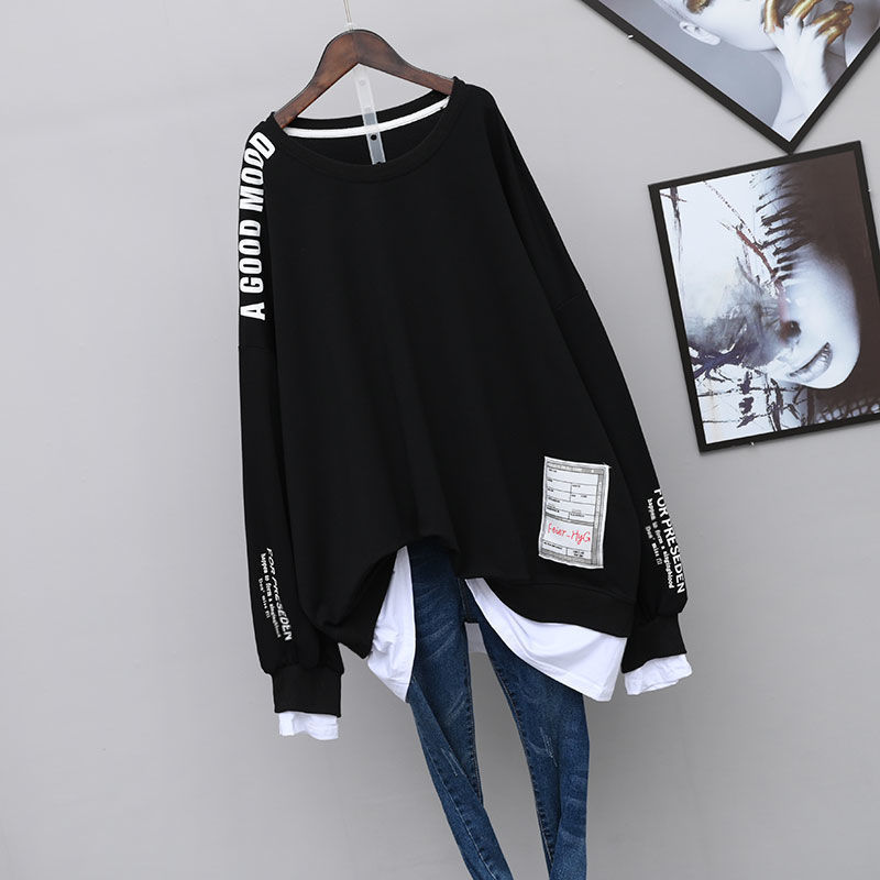 Large Size 1.00 kg-150.00 kg Long Sleeve Fake Two-Piece Sweater Women's 2022 Spring and Autumn Mid-Length Korean Loose Top Jacket