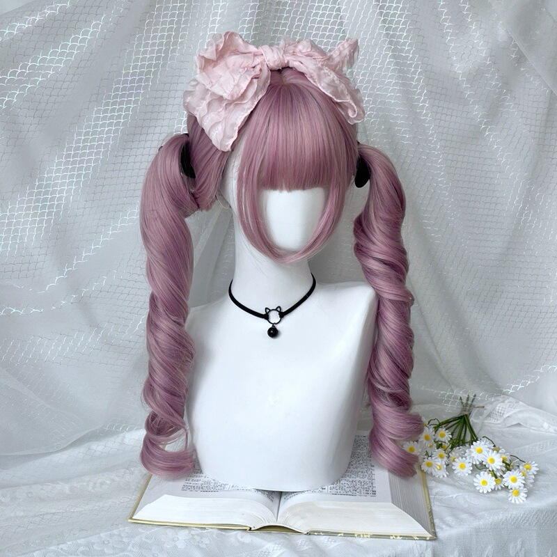 Berry Roll Pink Roman Roll Wig for Women with Double Ponytails and Bangs Japanese Style Pink Purple Full Head Berry Roll Pink Roman Roll Wig for Women with Double Ponytails and Bangs Japanese Style Pink Purple Full Head
