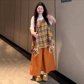 大码胖MM叠穿套装打底衫格纹吊带裤子三件套女巨显瘦遮肉夏季套装
