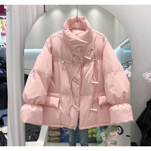 杭州原版手塞棉#宽松棉服女短款牛角扣外套立领纯色保暖百搭外套