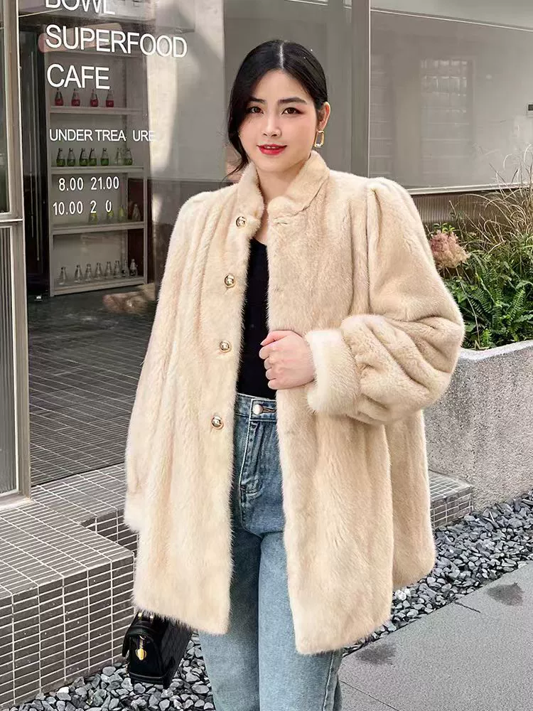 Mink fur coat, 2025 eco‑friendly thickened medium‑length integrated design for women