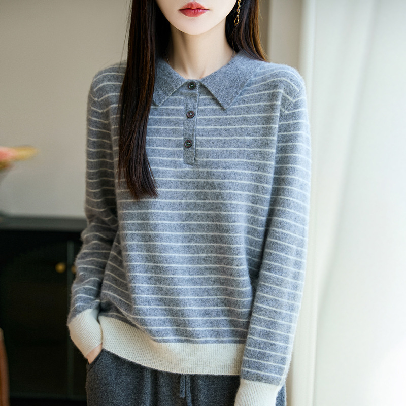 100纯羊毛衫女式翻领毛衣拼色条纹简约设计感时尚通勤风套头内搭|undefined