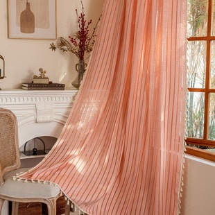 Le Xuan Show Nordic Simple Cotton and Linen Curtain Finished Products Wholesale Japanese Striped Living Room Curtain Cloth Floating Curtain ins