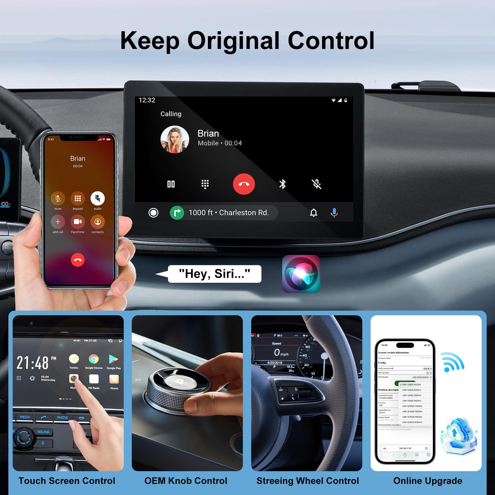 Car-mounted wired-to-wireless CarPlay adapter, 2-in-1 wireless Android Auto vehicle connectivity device