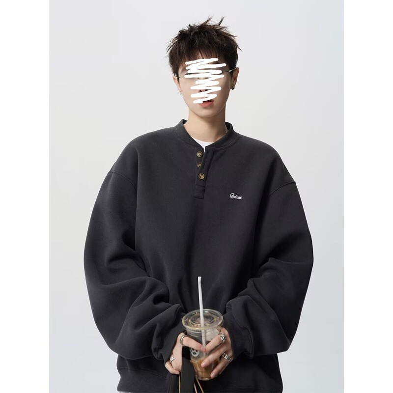 American Embroidered Henry Collar Sweatshirt Men's Velvet Winter Boyish Loose Outwear Retro Lazy Couple Top