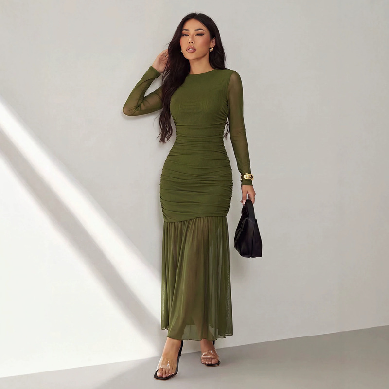 AE303 olive green mesh long-sleeve dress with side waist ruching, slim fit, bodycon, see-through fishtail long gown AE303 olive green mesh long-sleeve dress with side waist ruching, slim fit, bodycon, see-through fishtail long gown
