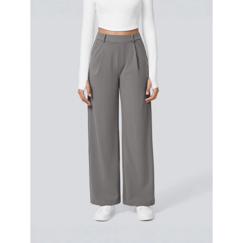 Elegant High-Waisted Straight Leg Pants For Women – Stretchy Office & Casual Trousers, Lightweight Breathable Fabric, Comfort Fit (Light Gray)_ecoleips.com