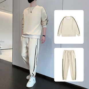 2025 Autumn and Winter Trendy Fleece-Lined Pure Cotton Casual Sports Suit Men's Spring and Autumn Clothes Round Neck Sweatpants Autumn Clothes