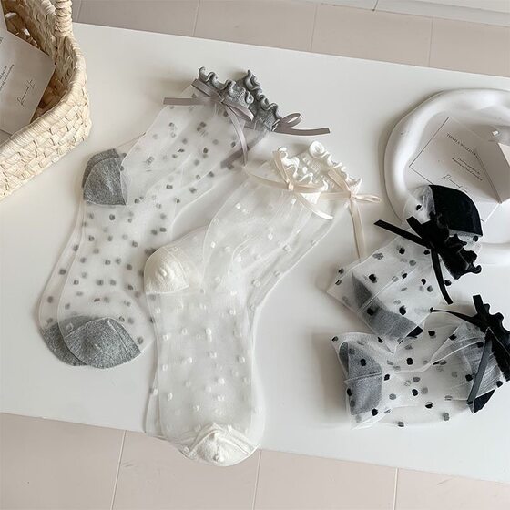 Summer Korean Style Polka Dot Silk Stockings Women's Card Transparent Sweet Ultra-thin Bow Glass Silk Socks Sandals Socks Girly Style