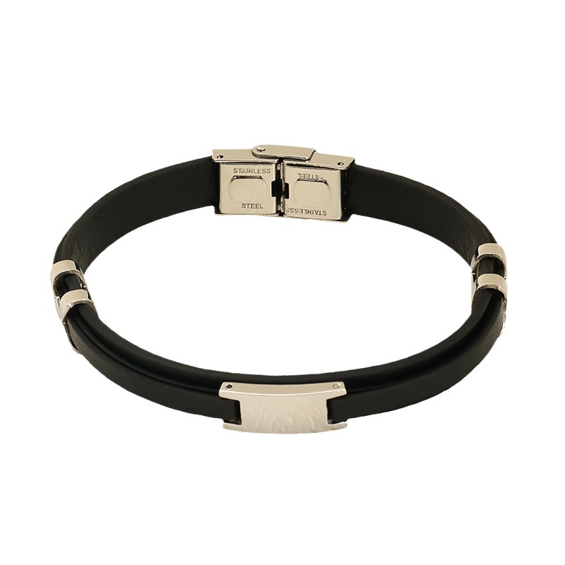 Mujeres y mujeres europeos y estadounidenses pulsera de acero inoxidable de estilo de estilo de cuero de anillo de moda tendencia de personalidad simple color combinado pulsera de acero de titanio doble capa