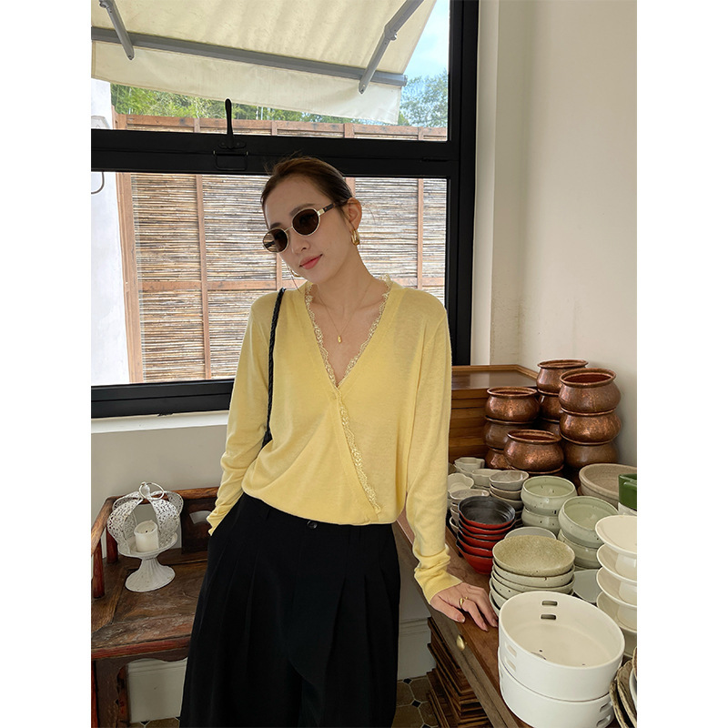 Wanwei French-Style Breathable Sun Protection Shirt for Women 2026 Spring New Lace Splicing Asymmetrical Placket Knit Shirt P5231