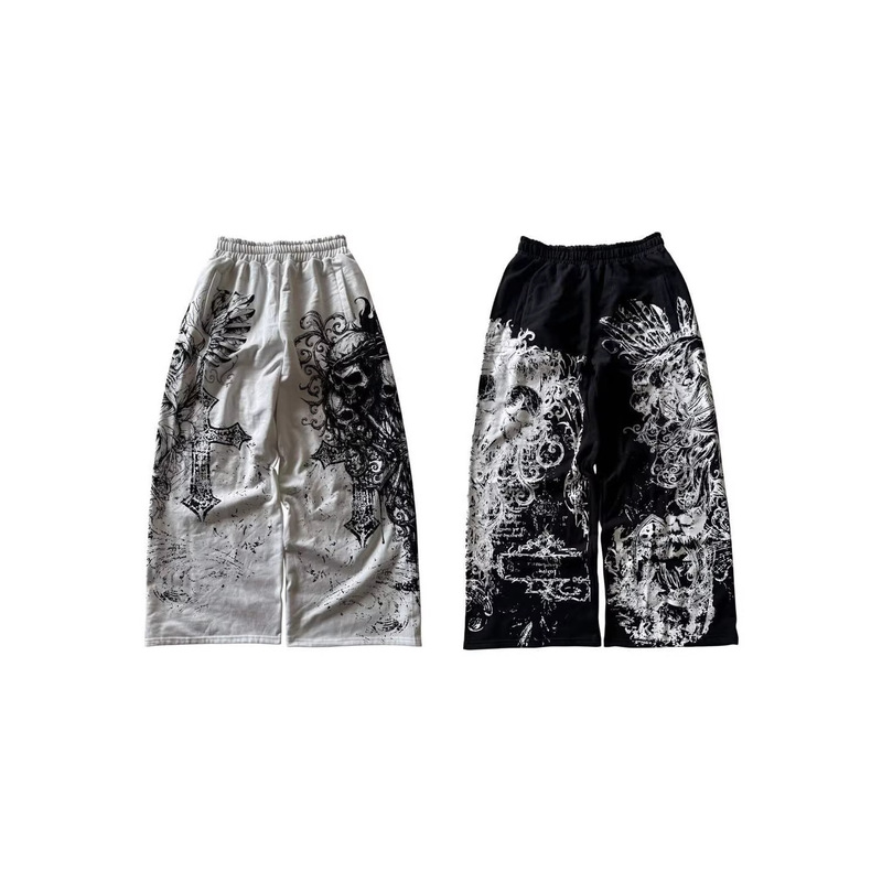 Cross-border European and American trendy brand, niche and unique dark gothic print, sporty and casual loose-fit straight-leg sweatpants, versatile