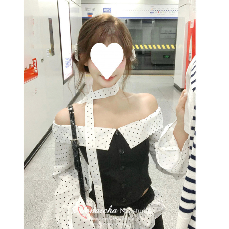 Cross-Border Super Popular Outfit: a Complete Set of Polka-Dot Long-Sleeved One-Shoulder Tube Tops for Women, Two Pieces of Wide-Leg Pants for Small People