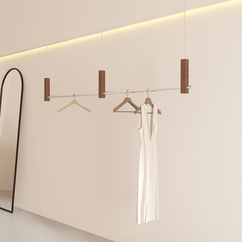 Clothing store hanging rod display rack, stainless steel vintage imitation walnut wood shelf display rack, special clothes rack for women's clothing stores