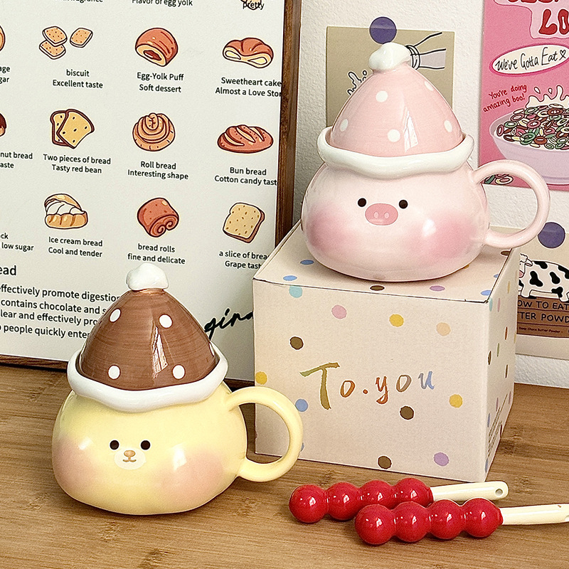 Linda taza de cerdo, taza de regalo de mano, taza de agua para niñas, taza de cerámica de oficina con tapa, regalo de cumpleaños para el hogar