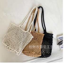 新款潮流沙滩腋下包大容量草编单肩编织包度假托特包镂空渔网兜