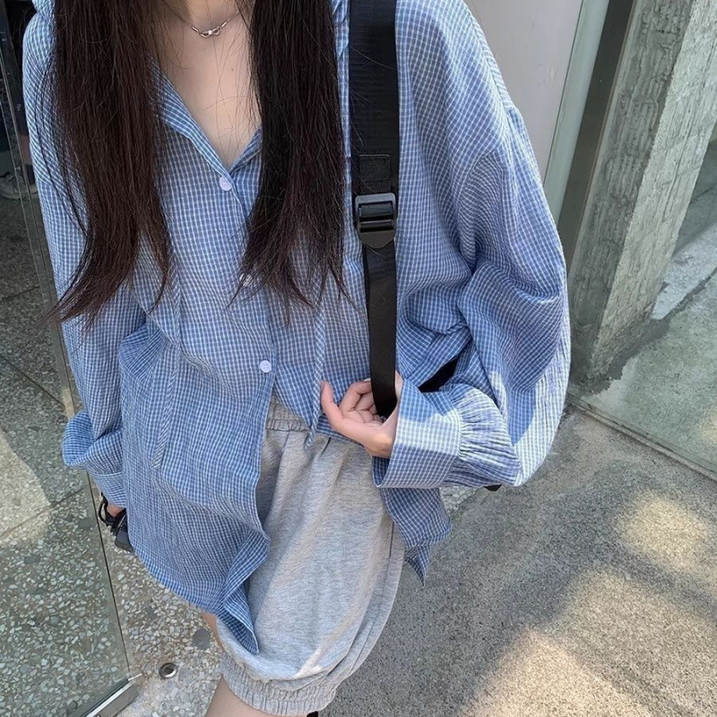 跨境韩系蓝色格子连帽防晒衬衫女秋季薄款宽松休闲慵懒风减龄上衣|undefined