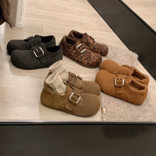 羊皮版~葡萄妈同款增高3.5cm~复古小豹纹平底全包加绒勃肯鞋女鞋