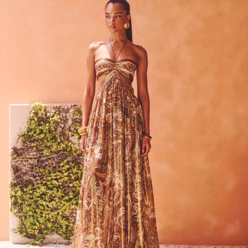 European and American Cross-Border Independent Website 2026 Summer New Style Long Dress with Straps, Backless, Sexy Party Halter Neck Dress