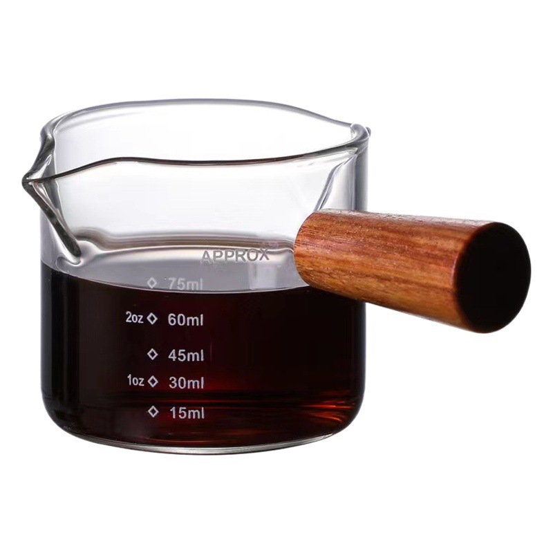  Jarra medidora de vidrio de borosilicato con mango de madera, taza para leche o café, con medidas precisas