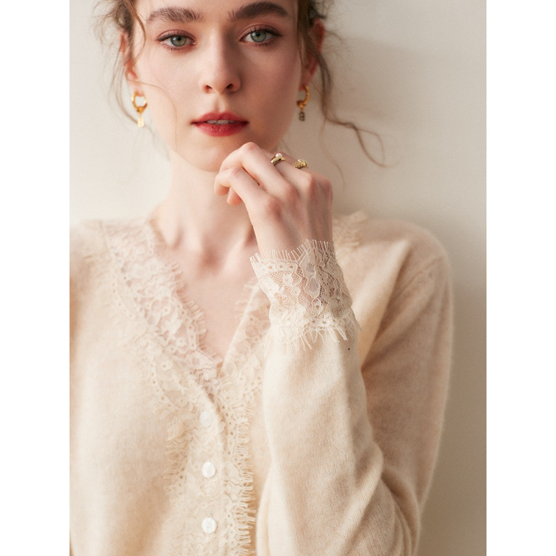 Water-soluble Lace V-neck Cardigan Women's Cashmere Fashionable Loose plus size Sweater Jacket