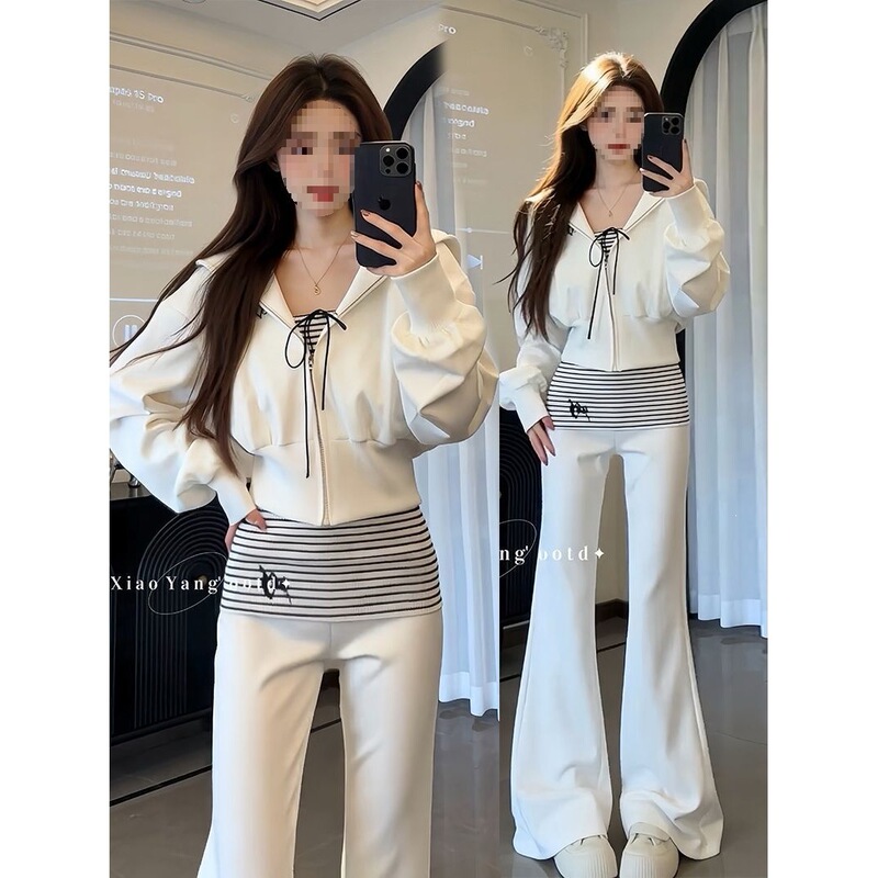 In stock: 2026 Spring New Korean Style Casual Sweatshirt Jacket, Striped Tube Top, High-Waisted Flared Pants Three-Piece Set # 935