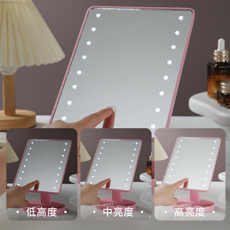 Espejo de maquillaje con luz LED de tres colores, plegable con base, espejo de tocador de escritorio, espejo de tocador con luz, espejo de princesa.
