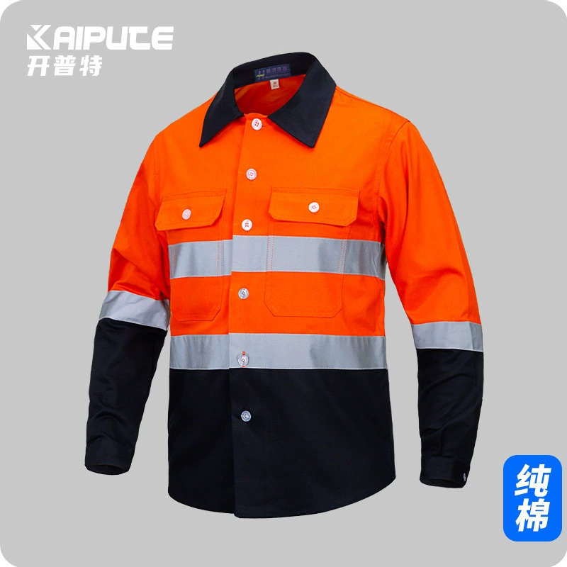 Светоотражающая рабочая одежда из чистого хлопка для мужчин с флуоресцентной желтой оранжевой строительной техникой, дышащая хлопковая рабочая одежда с длинными рукавами и принтом на заказ