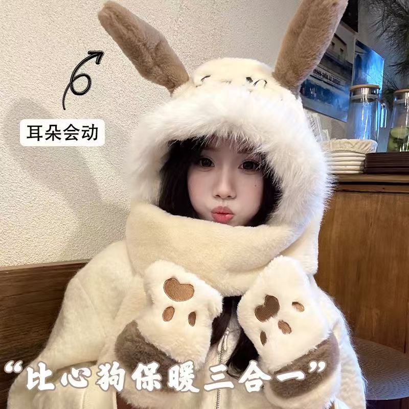 帽子围巾一体女冬季可爱毛绒帽保暖护耳连帽冬手套三件套|undefined