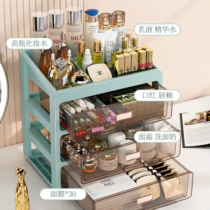 Cosmetics storage box, transparent desktop drawer organizer, large capacity dust‑proof makeup box