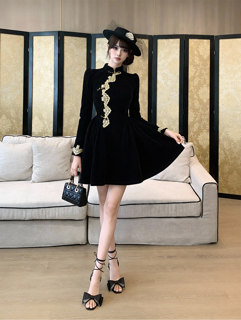 Váy sườn xám cải tiến phong cách Tân Trung Hoa chất nhung dáng suông midi — đen chi tiết 8