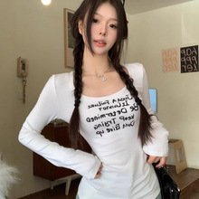 简约美式辣妹灰色长袖T恤女春秋新款纯欲打底衫修身显瘦百搭上衣
