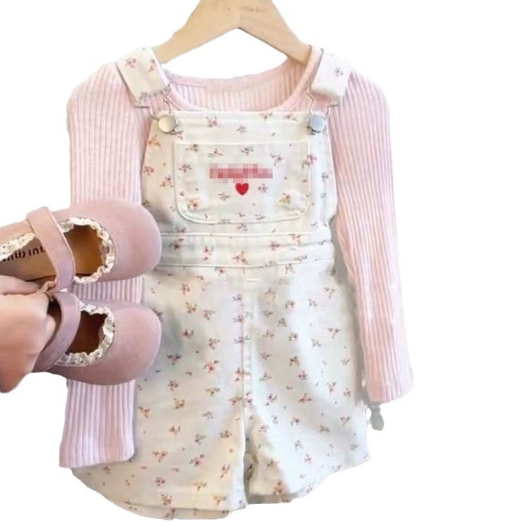 Spring set, body-friendly cute fuchsia overall, Korean style, floral print
