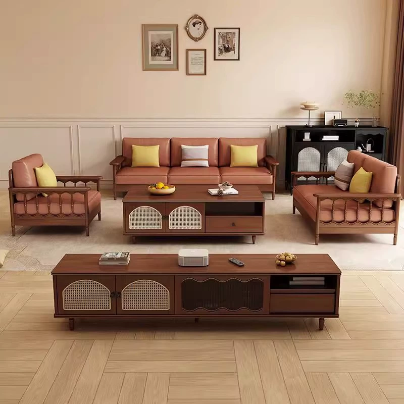 Срединный стиль из цельного дерева ротанга ТВ шкаф гостиная 2025 новый домашний журнальный столик комбинированный маленький шкафчик для хранения