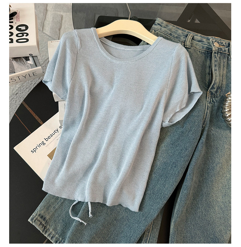 Women's Clothing Women's Summer New Casual Sports Fashion Suit Round Neck Back Tie Hollow Short Sleeve Denim Pants Two Piece Suit_mkmklike.com