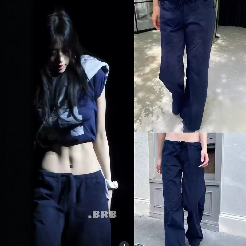 Bm Style Black Casual American Versatile Drawstring Straight Loose Pants for Women, Low-Waist Workwear Pants, Long Pants Bm Style Black Casual American Versatile Drawstring Straight Loose Pants for Women, Low-Waist Workwear Pants, Long Pants