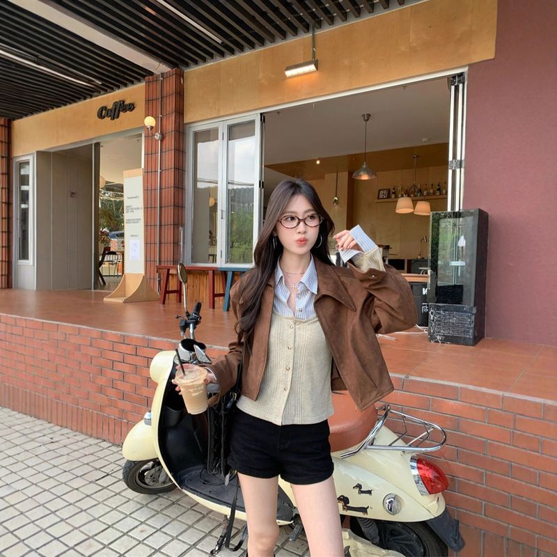 美拉德穿搭咖色翻领外套女早秋小个子短款高级感气质夹克开衫上衣|undefined