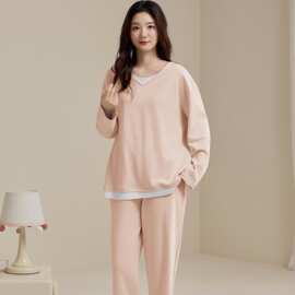 春秋新款纯棉女长袖长裤套头睡衣假两件时尚休闲女家居服图片色