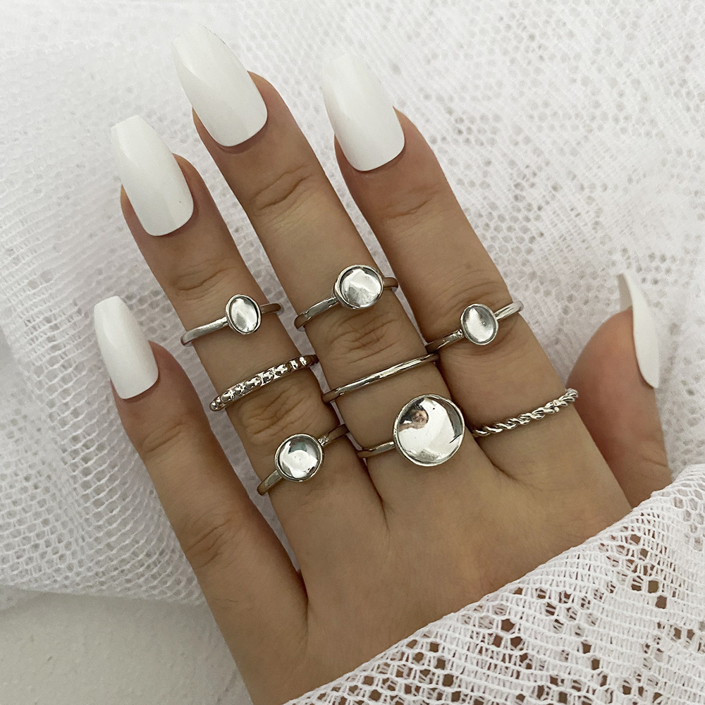 simple retro round gem ring fashion temperament goddess jewelry color contrast Ring Ring 8-piece set_voghion.com