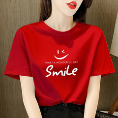 赤い純綿半袖tシャツ女性の夏の新型はやせてゆったりしています。