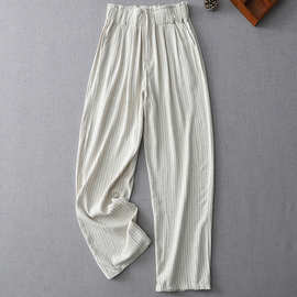 2024秋季新款浅色气质棉麻高腰阔腿裤竖条纹女裤