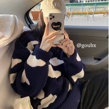 秋季圆领套头情侣毛衣日系慵懒风潮流宽松长袖上衣渐变条纹针织衫