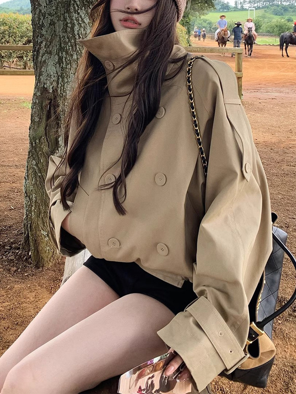 Ac*e25早秋新款双排扣美拉德色系立领短款风衣英伦风夹克女外套|undefined