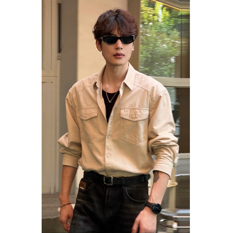 Retro Old Money Style Apricot-Colored Work Shirt for Men, Early Autumn, Super Stylish, Can Be Worn Alone, Collared Long-Sleeve Shirt, Thin Jacket