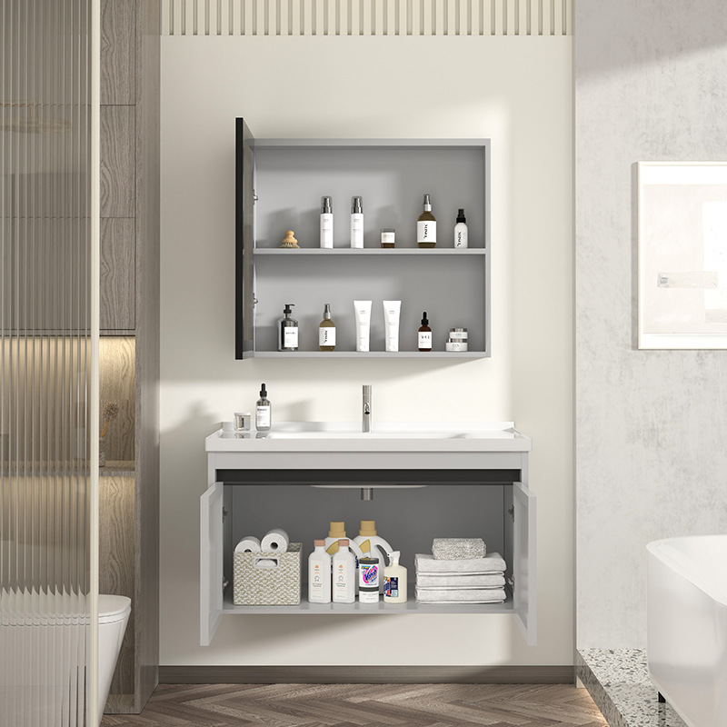 gabinete de baño inteligente de aluminio moderno espacio gabinete de lavabo de baño gabinete de lavabo de cerámica integral lavabo