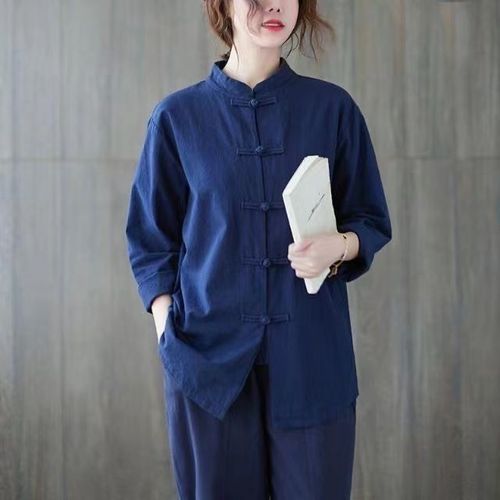 Cotton-Linen Chinese-Style Stand-Neck Jacket with Knot Buttons, Long Sleeves – Women's Tai Chi Wear, Zen Attire, Plus-Size Coat, Workwear, and Tea Ceremony Outfit Set