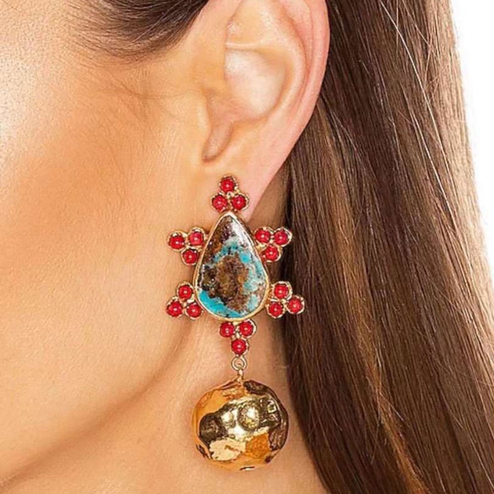 European and American Retro Old Style Exaggerated Brass Gold Plated High Texture Natural Stone Matte Pendant Earrings