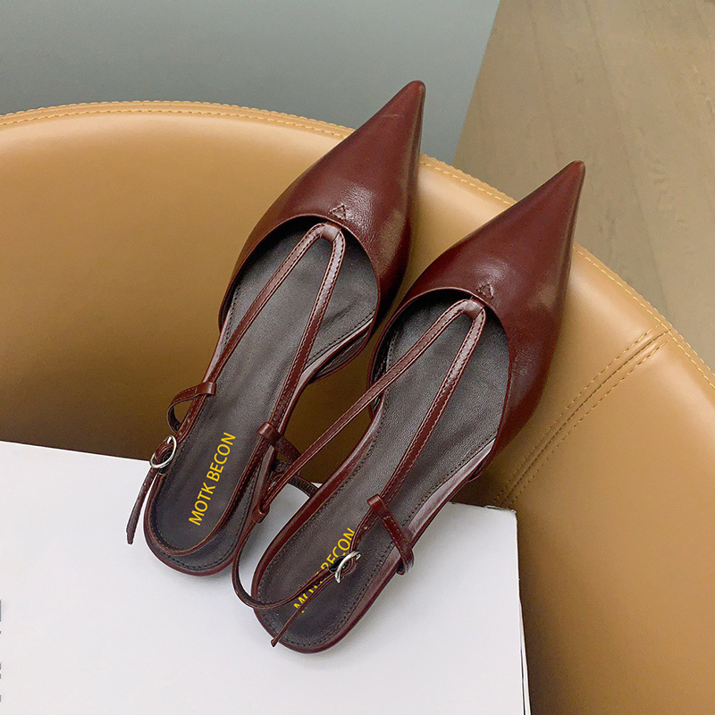 2025 봄 여름 포인티드 토 스틸레토 로우힐 여성용 하이힐, 펌프스토머, 웨지힐, 백 스트랩 샌들, 두꺼운 힐, 버건디