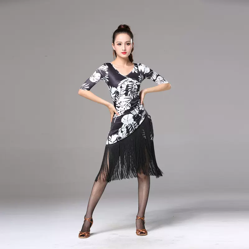 春夏季拉丁舞裙女装连衣裙性感舞裙流苏裙训练舞蹈练功服半袖短裙